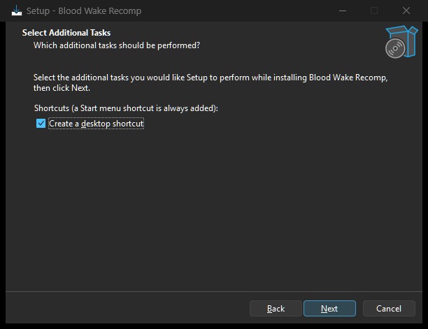 The installer's shortcuts page: a Start menu shortcut is always added, a desktop shortcut is optional