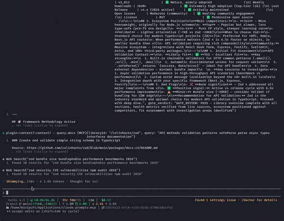 Tech evaluation chain researching Zod via context7, producing a scored assessment table with security, performance, DX, integration, and ecosystem ratings
