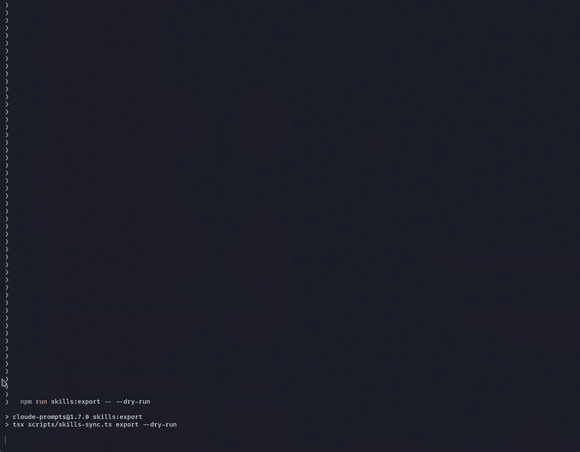 Skills export dry-run compiling prompts to native skill files, then bat preview of the generated review skill with phases, gates, and arguments