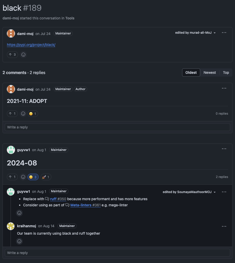 A screenshot of one of the GitHub Discussions used to populate the tech radar.