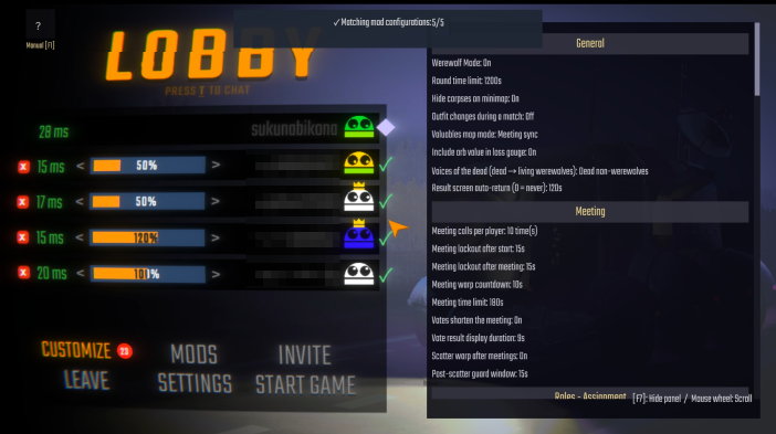 Room settings and mod lineup check