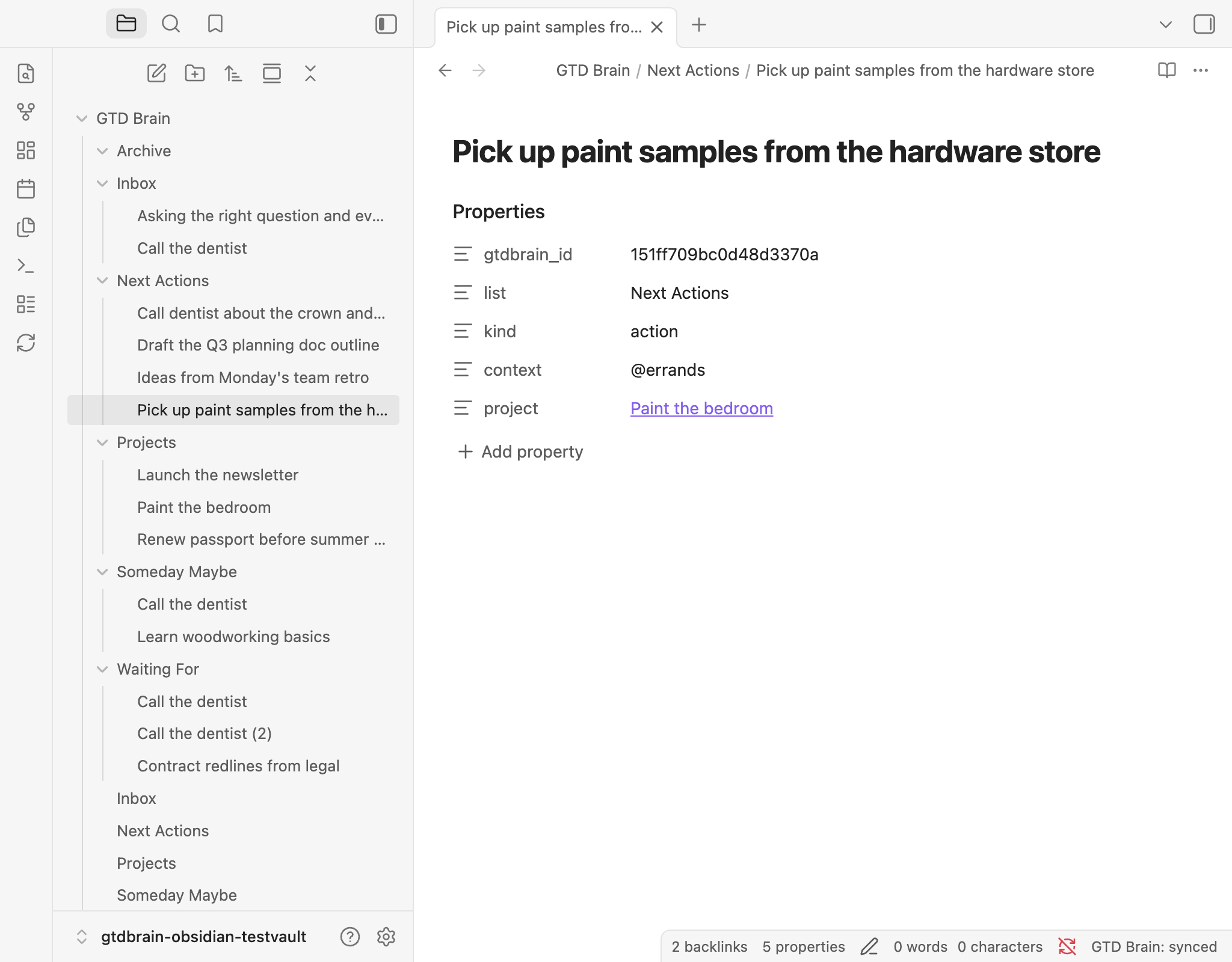 The GTD folder in Obsidian: one note per card, with the GTD fields as properties