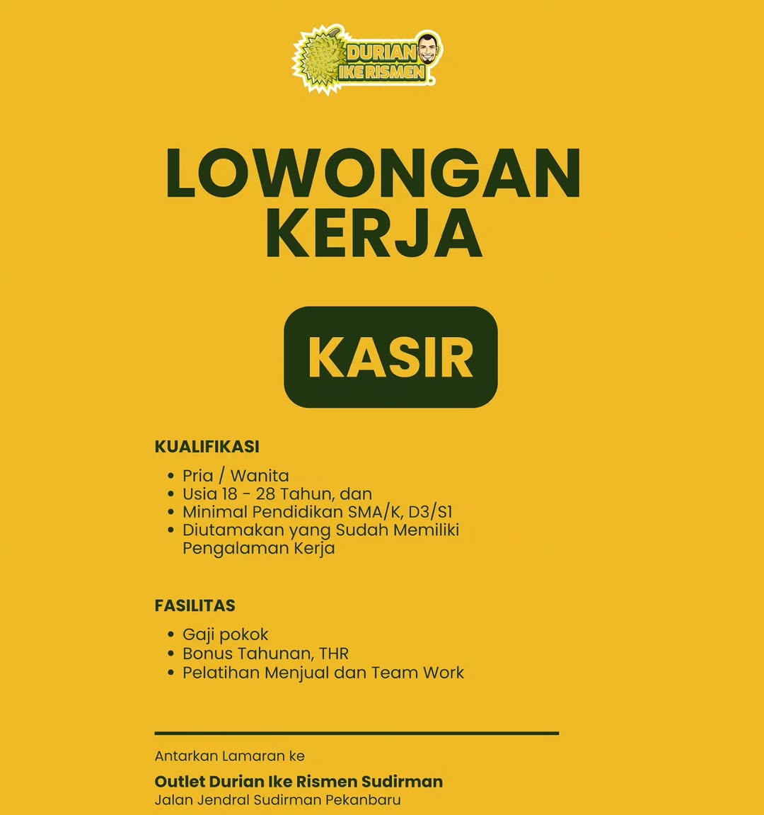 Lowongan Kasir Durian Ikerismen Pekanbaru