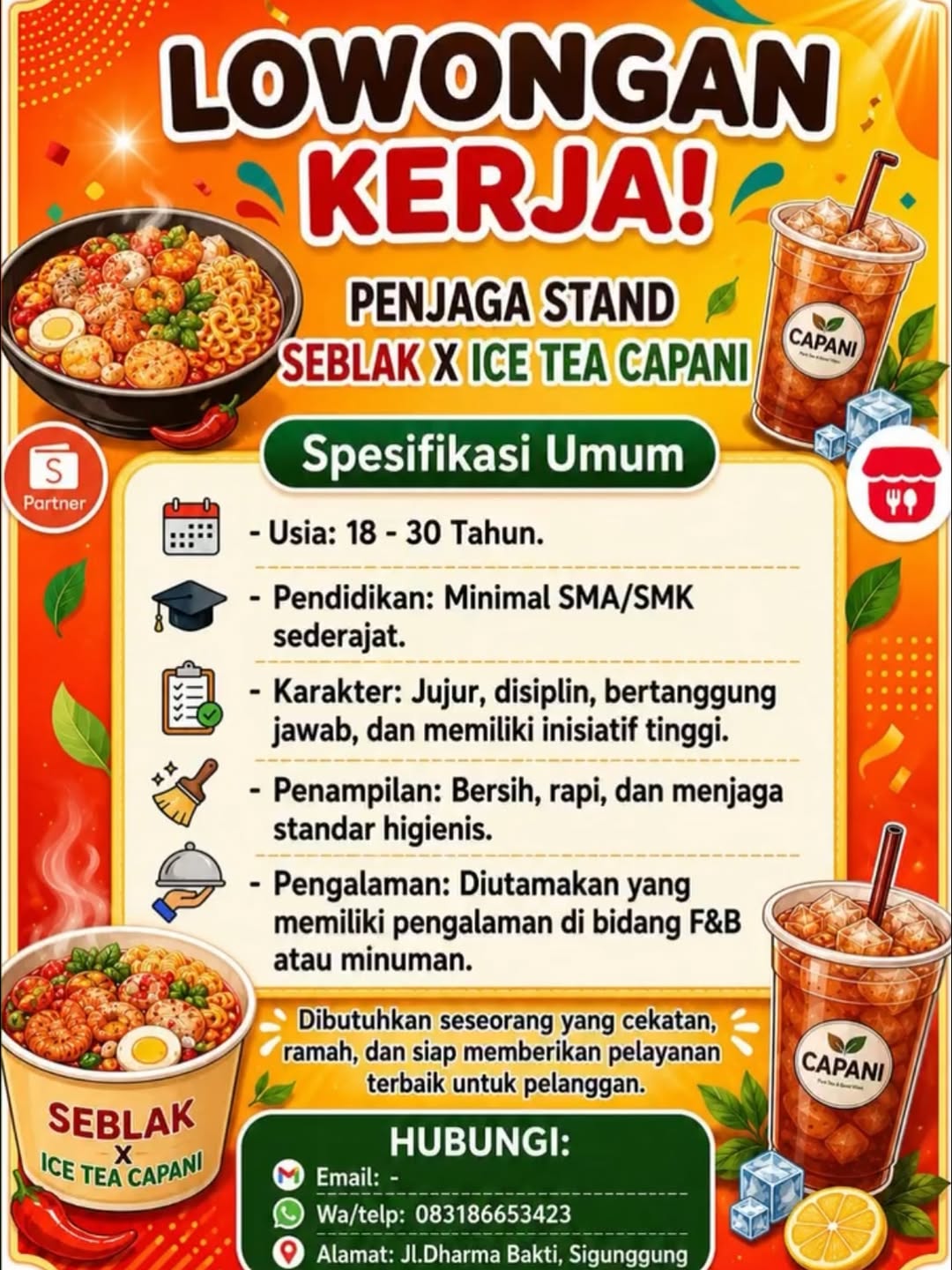 Lowongan PENJAGA STAND SEBLAK X ICE TEA CAPANI Seblak X Ice Tea Capani Pekanbaru