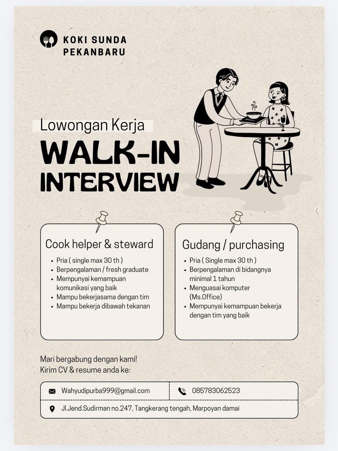 Lowongan Cook Helper & Steward & Gudang / Purchasing Koki Sunda Pekanbaru Pekanbaru