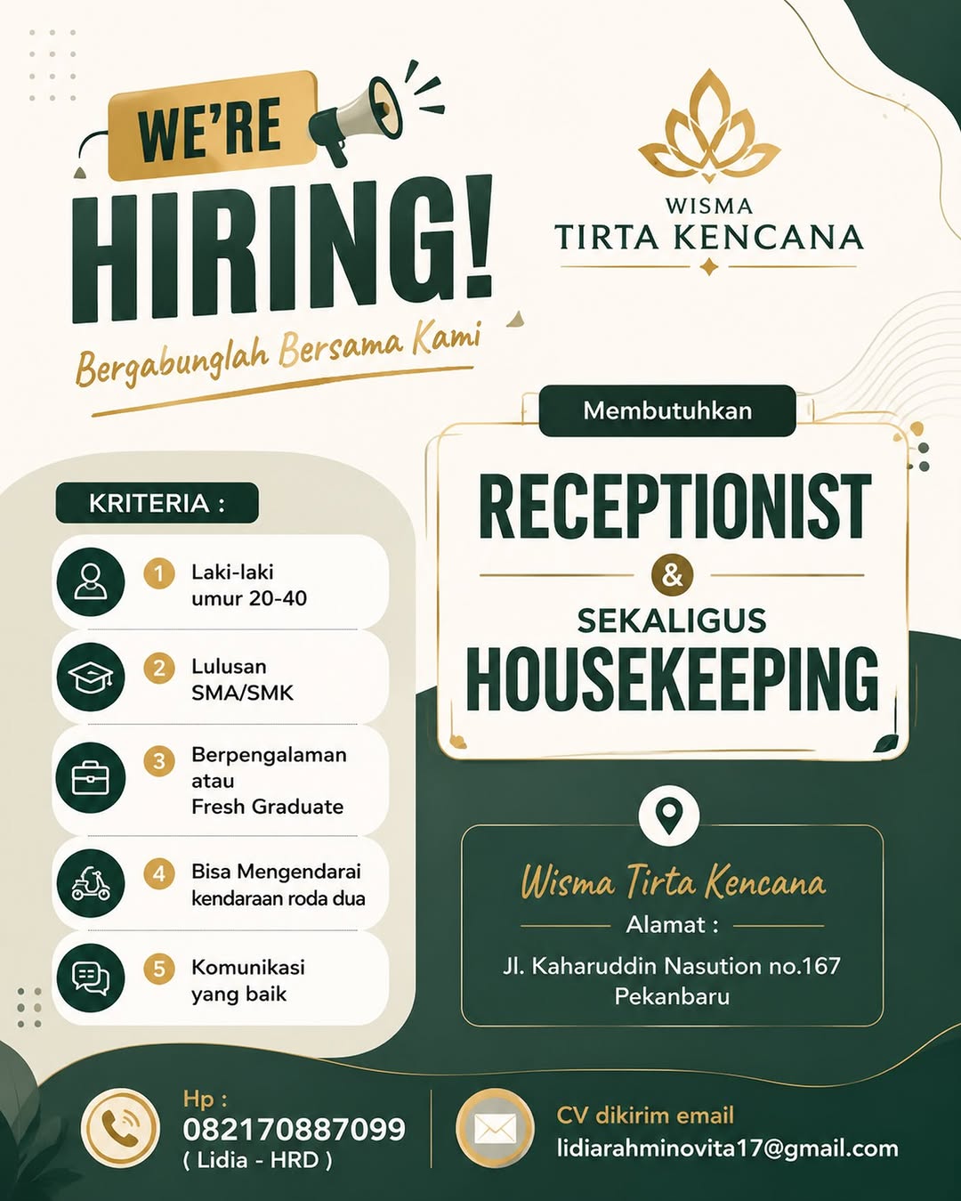 Lowongan Receptionist & Housekeeping Wisma Tirta Kencana Pekanbaru