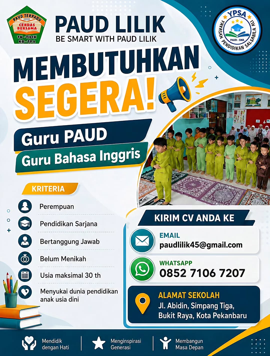 Lowongan Guru PAUD & Guru Bahasa Inggris PAUD Lilik Pekanbaru