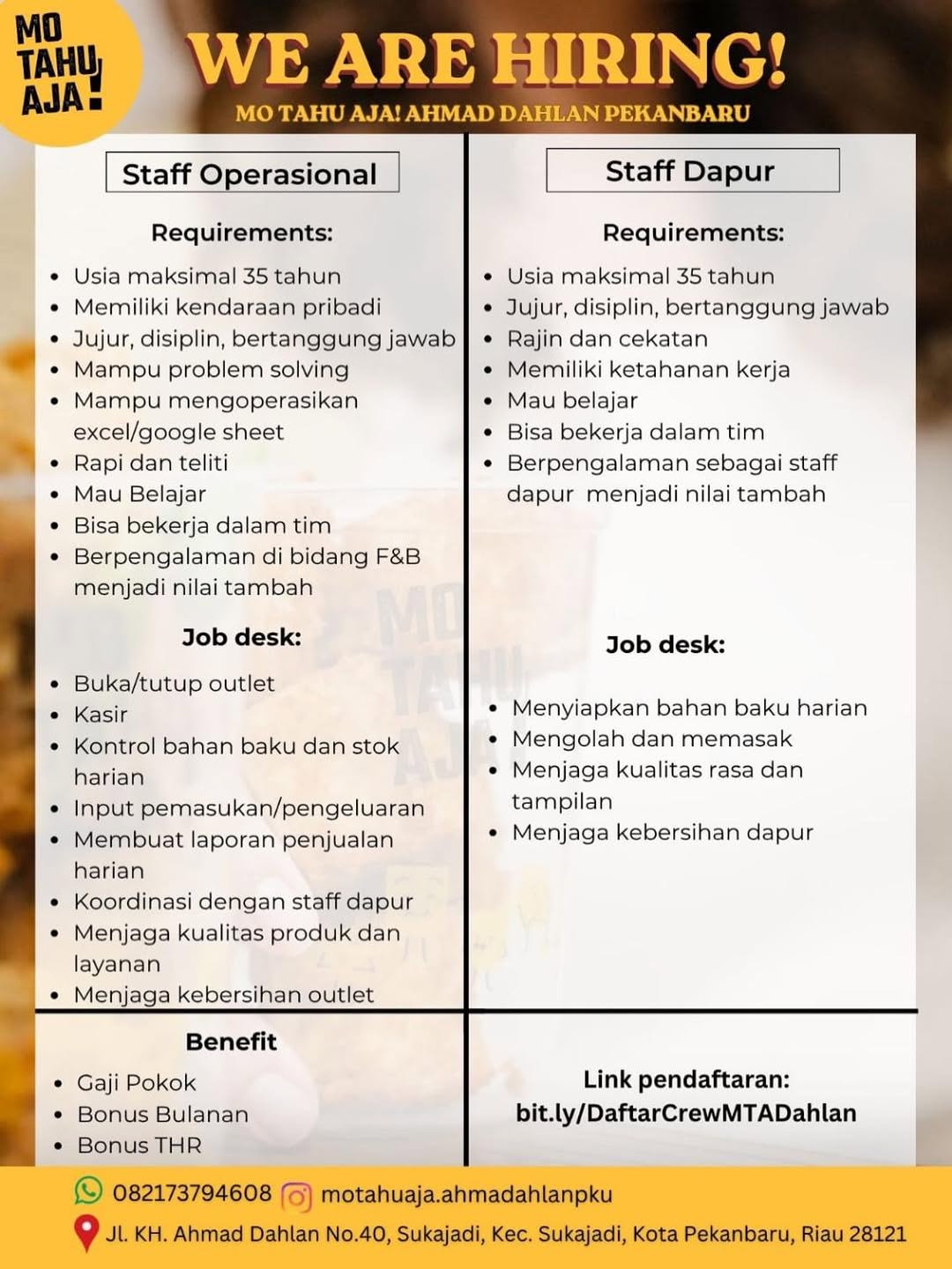 Lowongan Staff Operasional & Staff Dapur Mo Tahu Aja! Ahmad Dahlan Pekanbaru Pekanbaru