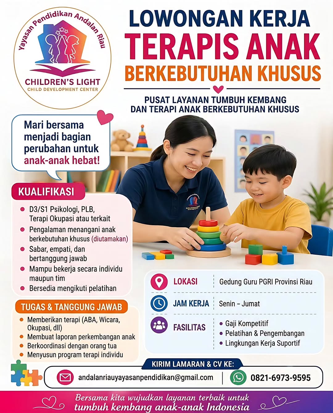 Lowongan Terapis Anak Berkebutuhan Khusus Children's Light Child Development Center Pekanbaru