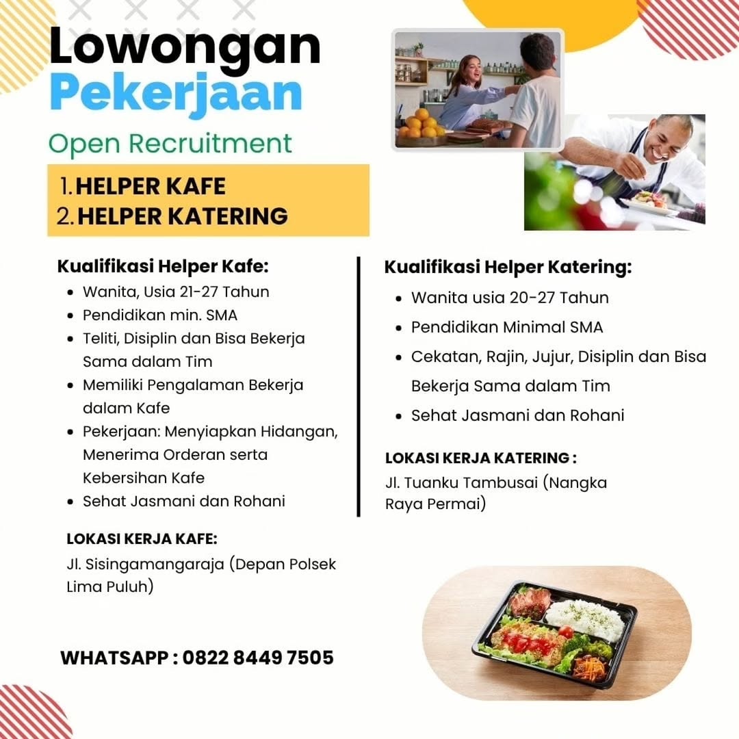 Lowongan Helper Kafe & Helper Katering Tidak Diketahui Pekanbaru