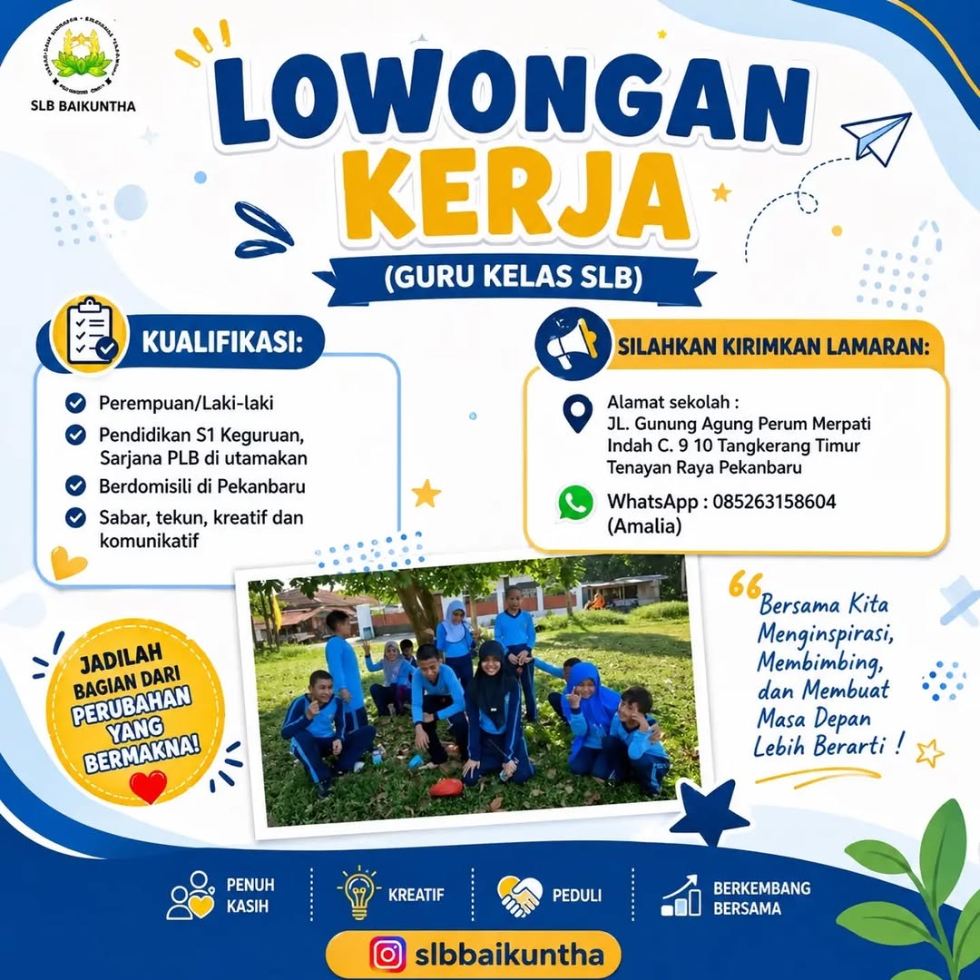Lowongan GURU KELAS SLB SLB BAIKUNTHA Pekanbaru