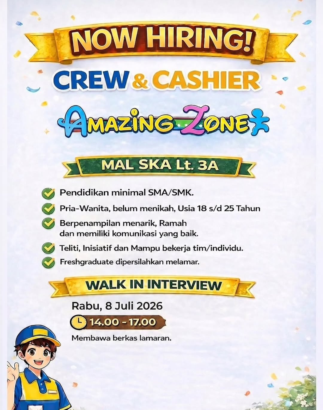 Lowongan CREW & CASHIER Amazing Zone Pekanbaru