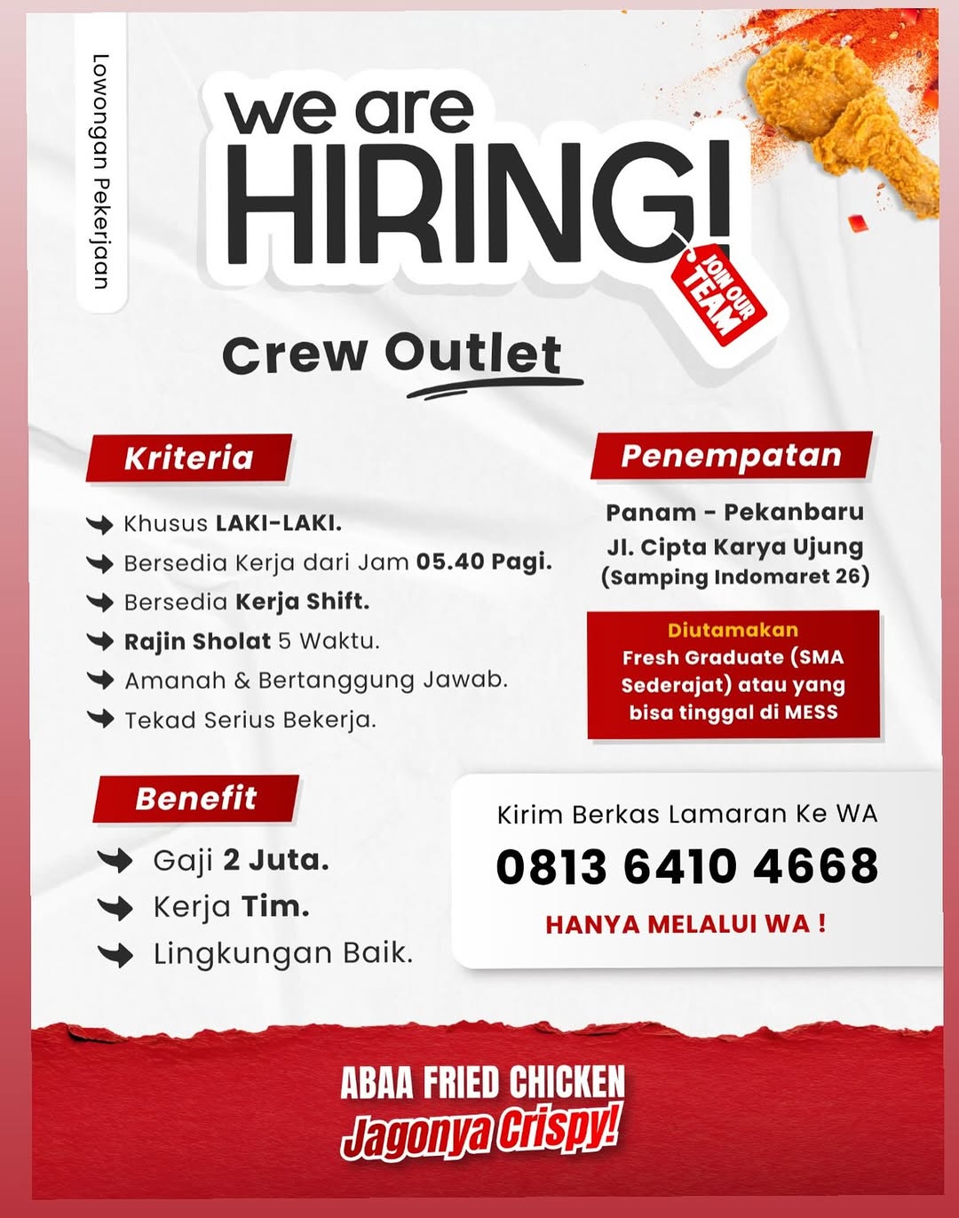 Lowongan Crew Outlet ABAA Fried Chicken Pekanbaru