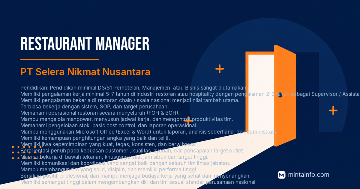 Lowongan Restaurant Manager PT Selera Nikmat Nusantara Pekanbaru