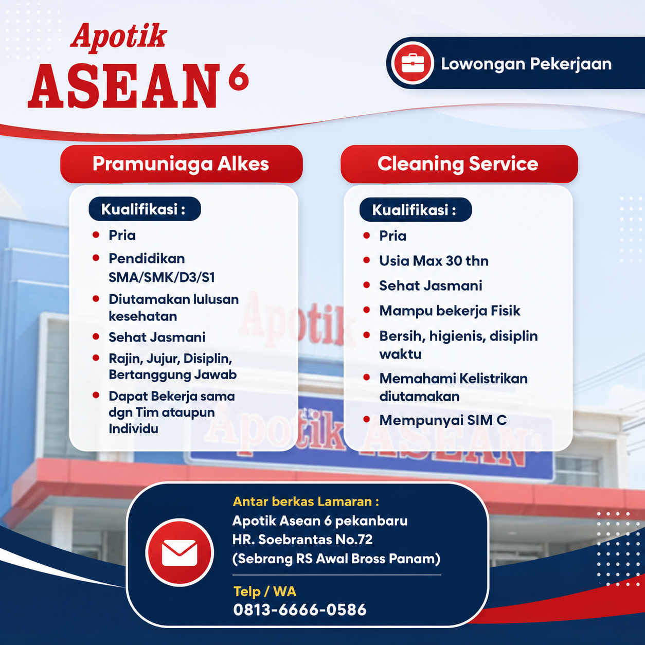 Lowongan Pramuniaga Alkes & Cleaning Service Apotik Asean 6 Pekanbaru