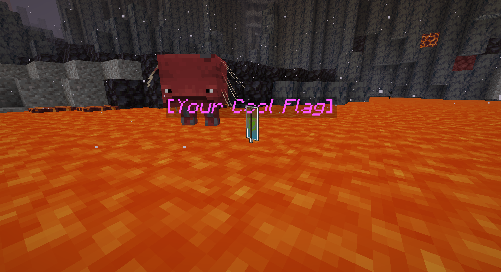 A flag sitting in a lava ocean, unharmed