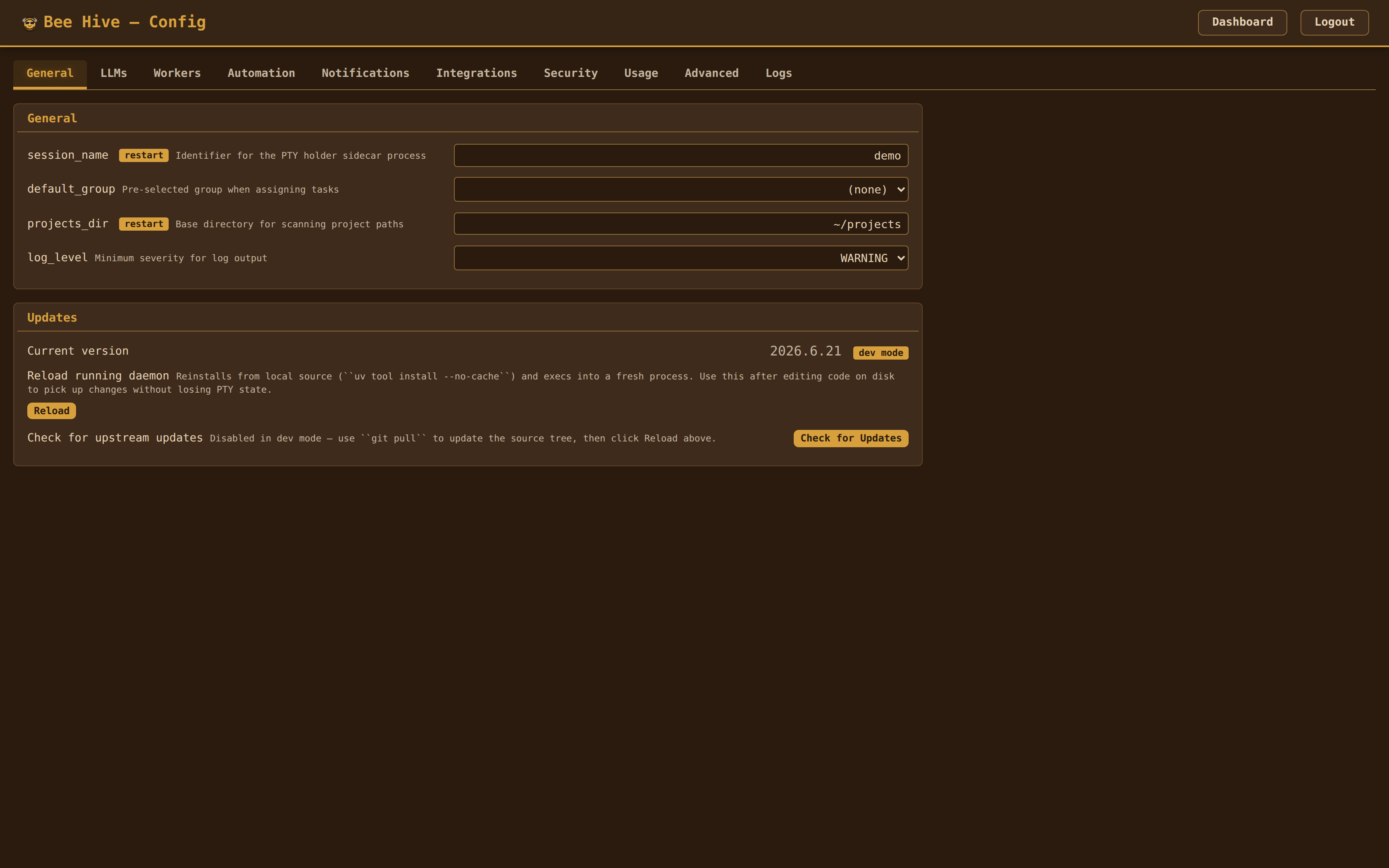 Config editor — workers, drones, Queen tuning