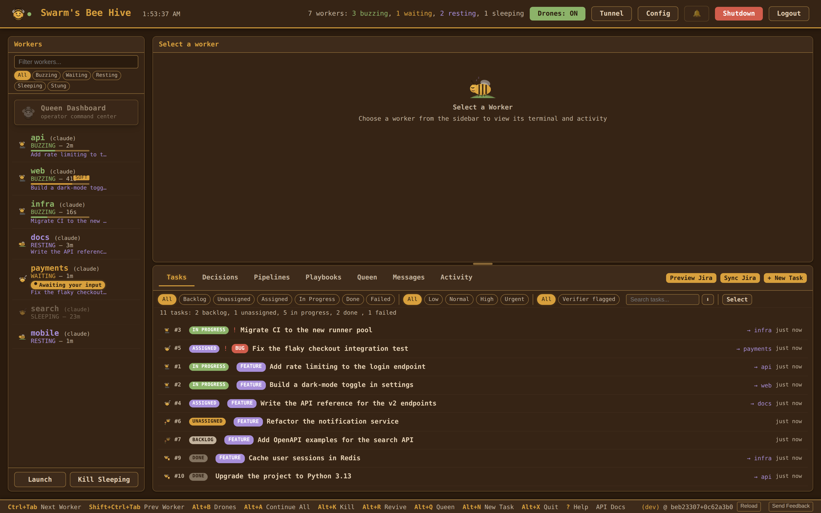 Dashboard overview — workers, terminal, and task board