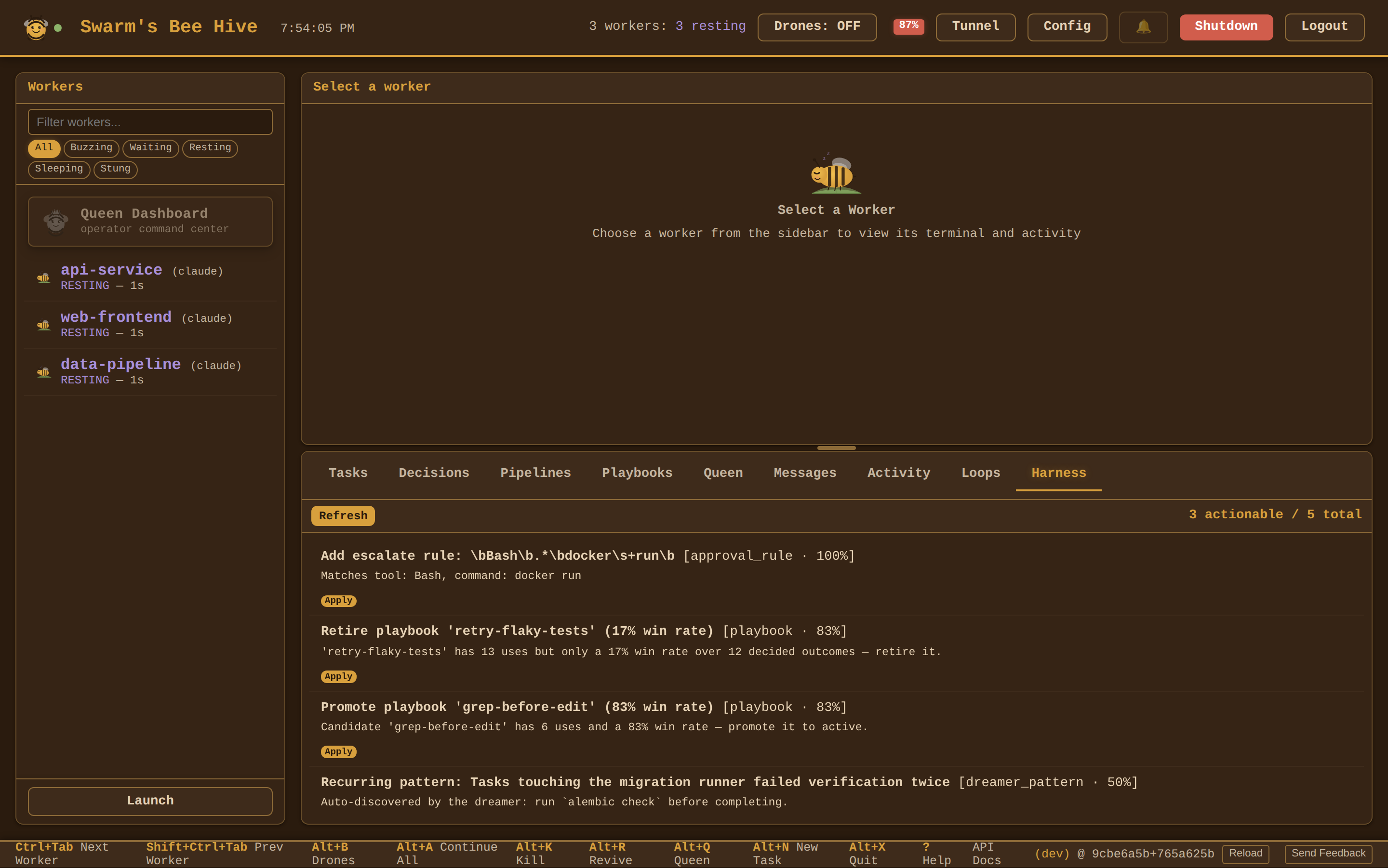 Harness tab — operator-gated improvement digest with one-click apply for low-risk actions