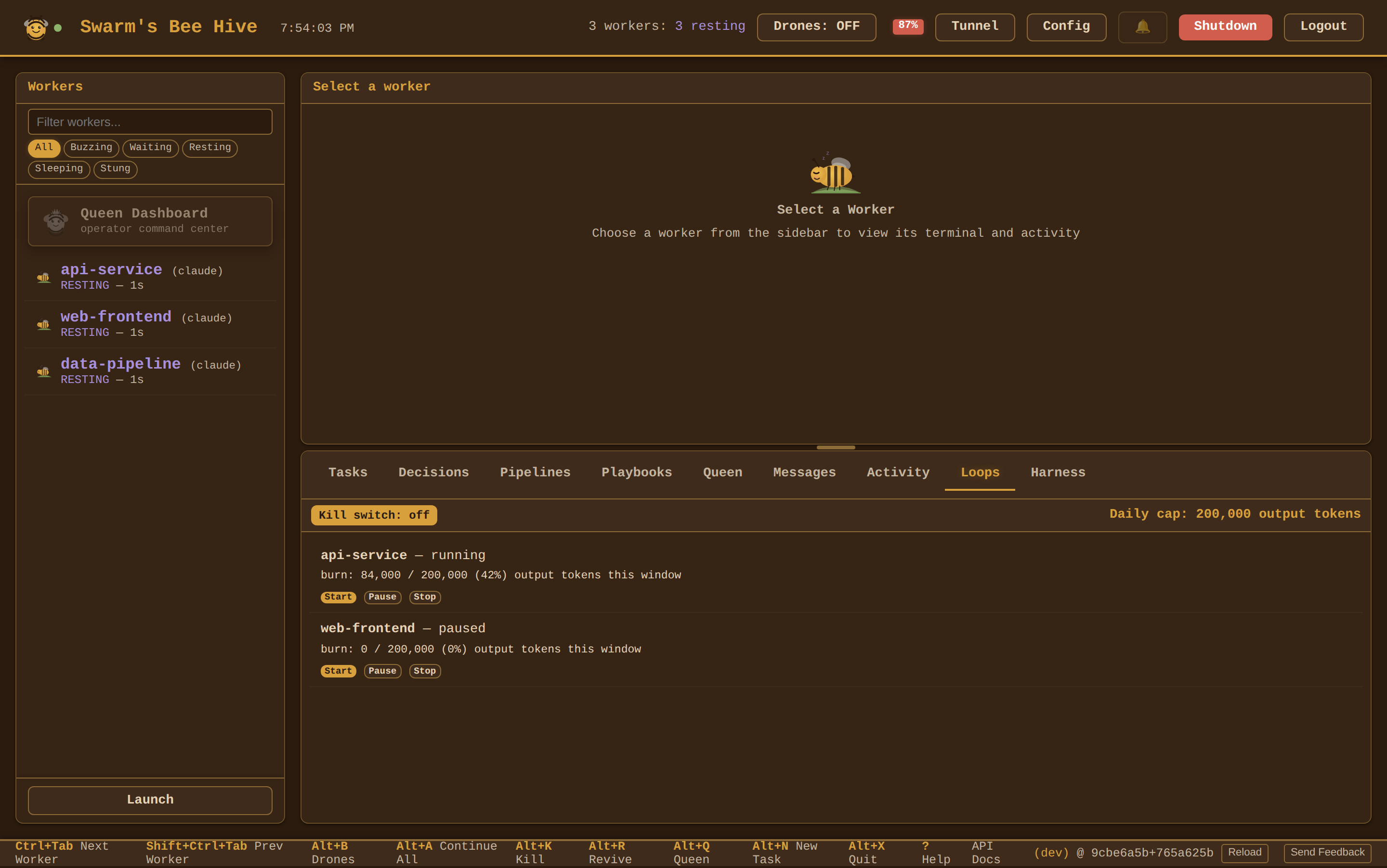 Loops tab — standing background-improvement loops with per-worker controls, a global kill switch, and a live token-burn readout
