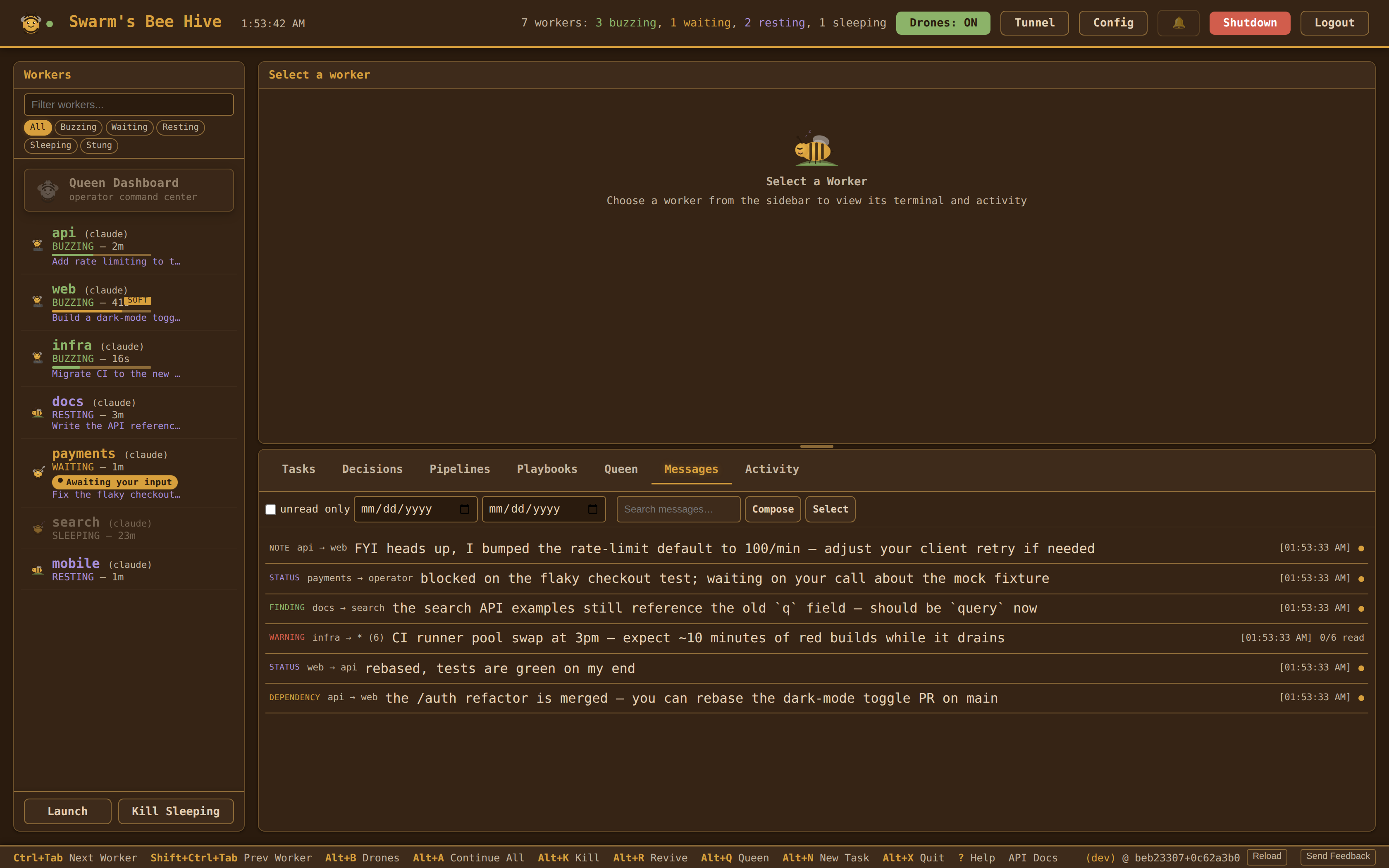 Messages tab — inter-worker message stream with search, compose, and bulk delete