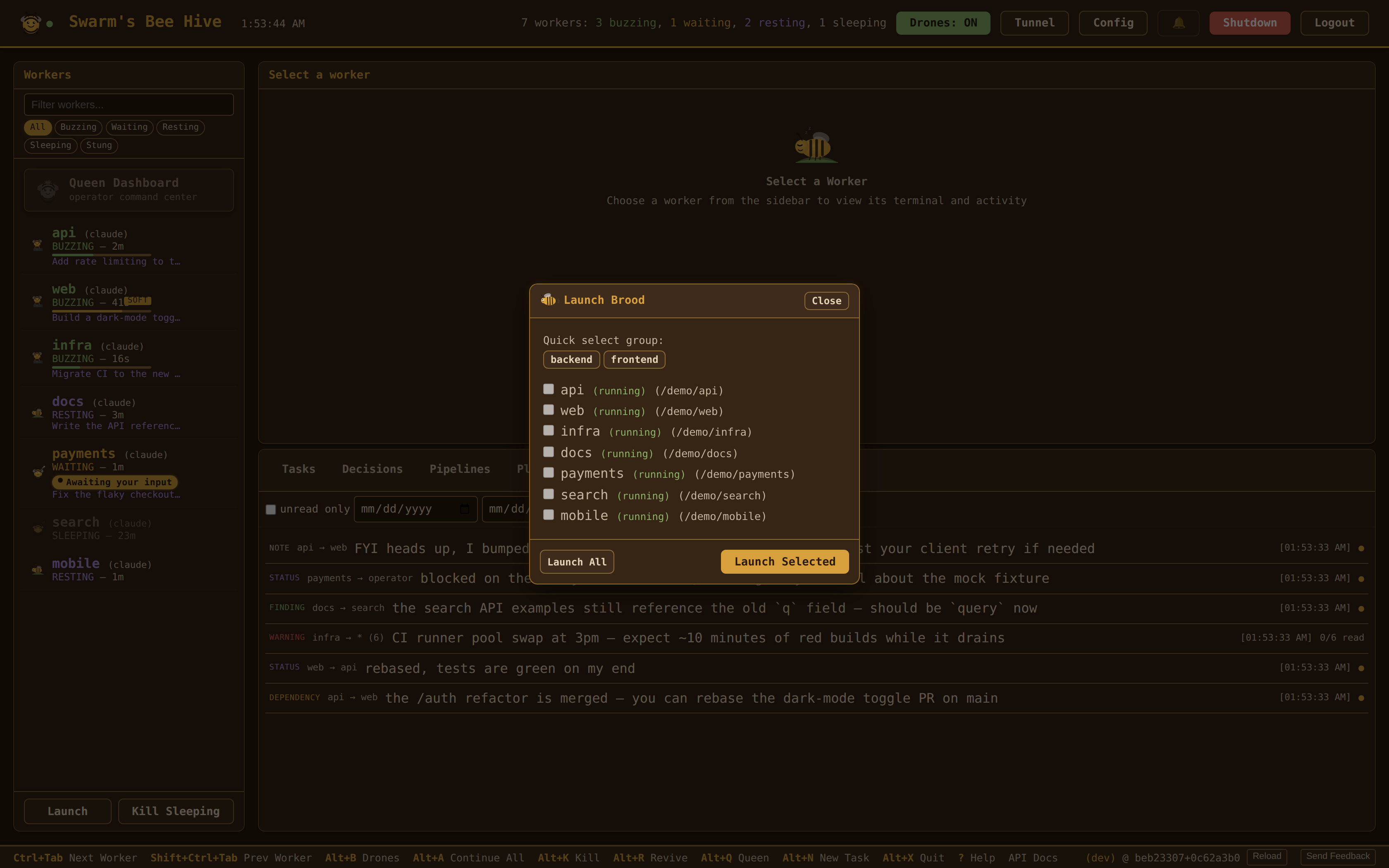 Launch Brood — select workers and groups to launch