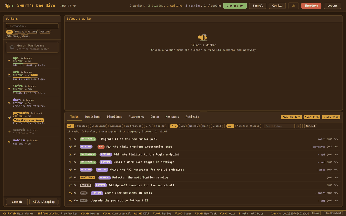 Swarm — run 1–10 AI coding agents from one browser tab