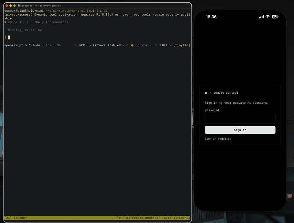 Pi Remote Control demo: a Pi terminal session mirrored and controlled from a phone