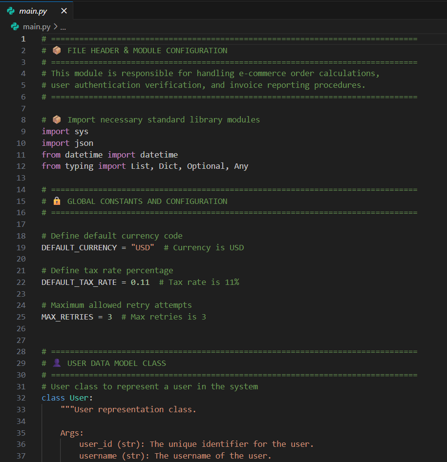 Python with box-drawing section banners, emoji, and a comment on every constant that restates the constant