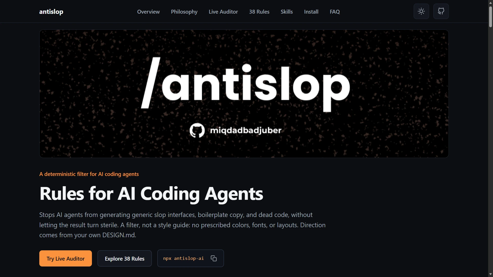 The same page with antislop: honest copy on a restrained dark layout with a single accent colour