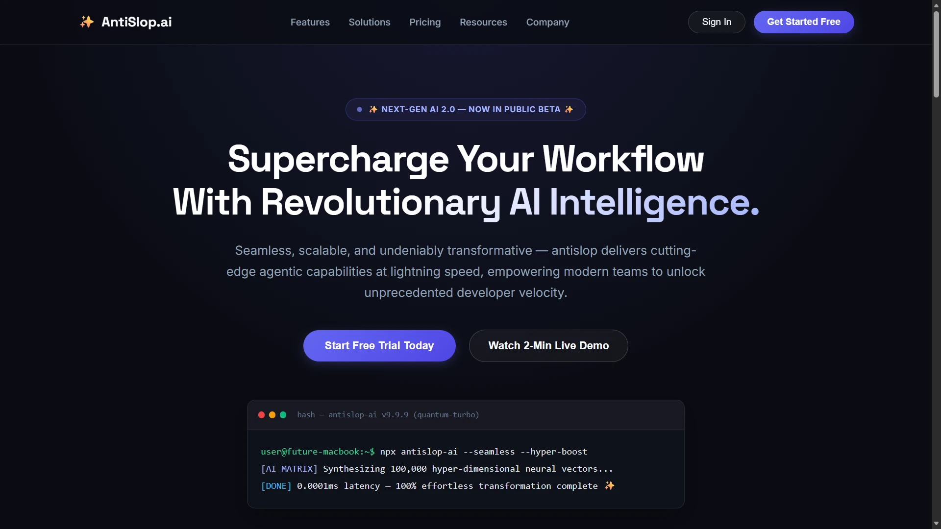 A generic landing page: a sparkle logo, a NEXT-GEN AI 2.0 beta pill above the headline, and a fake terminal reporting 0.0001ms latency
