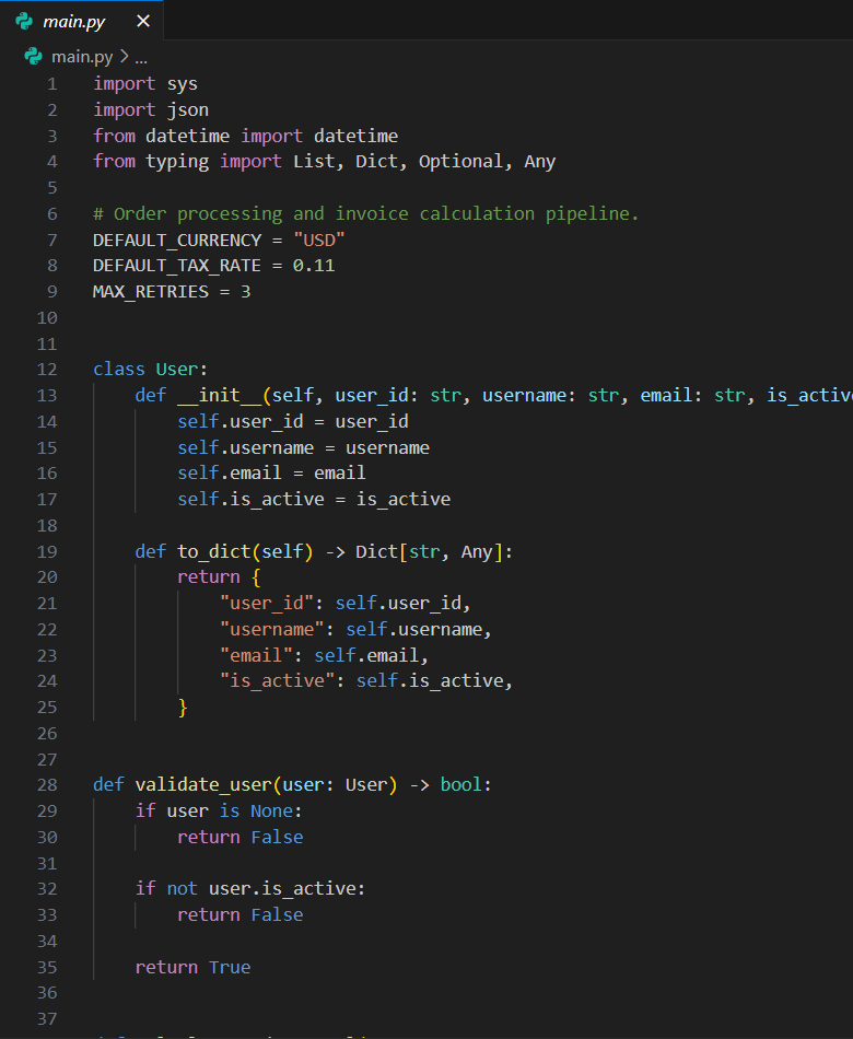 The same Python with the banners and emoji gone, one comment left that says what the module does, and the code itself untouched