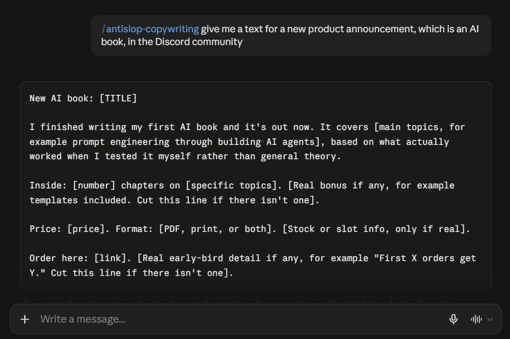 The same launch post written with antislop-copywriting: plain sentences, no emoji bullets, and a note to cut any line with nothing real to say