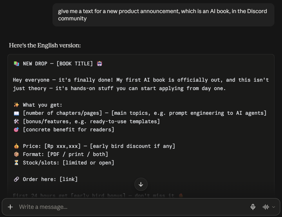 An AI written Discord launch post: emoji bullet points, NEW DROP in capitals, and hype in every line