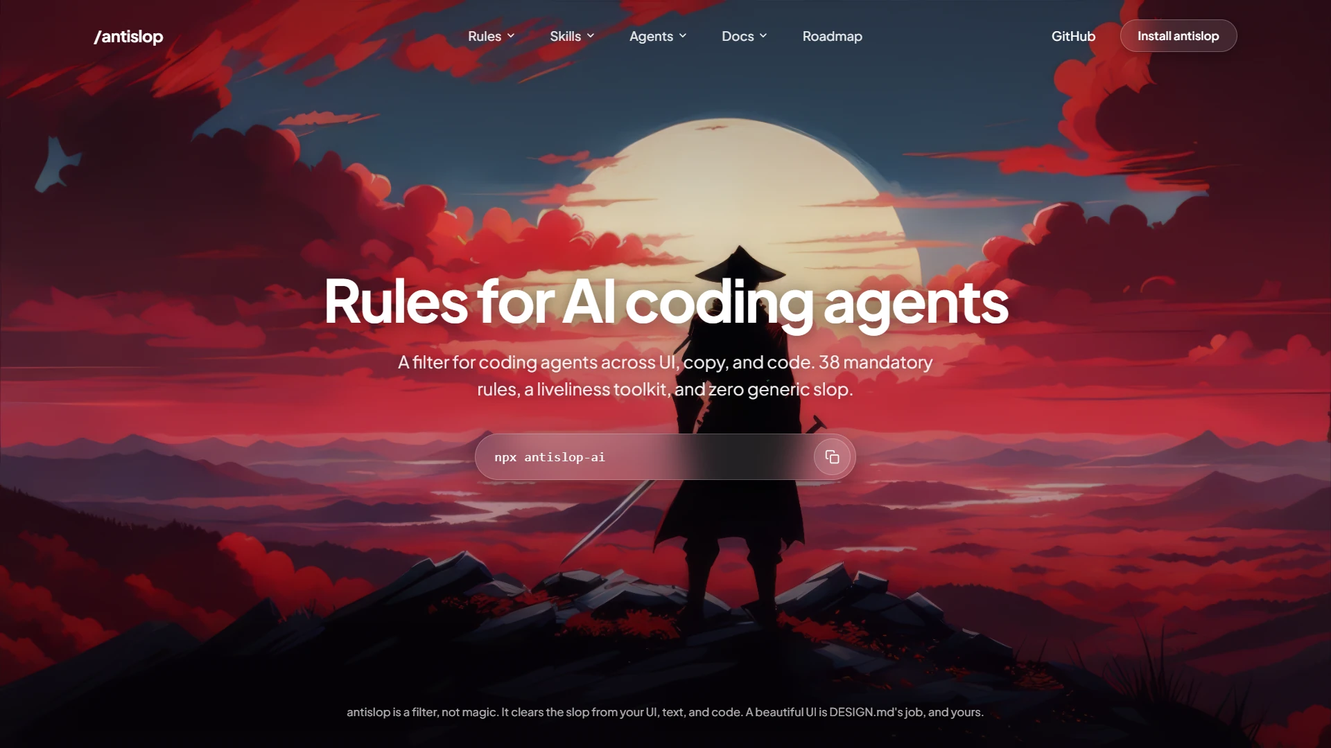 The same page with antislop and DESIGN.md: a full-bleed illustrated hero with one honest headline and project-specific navigation