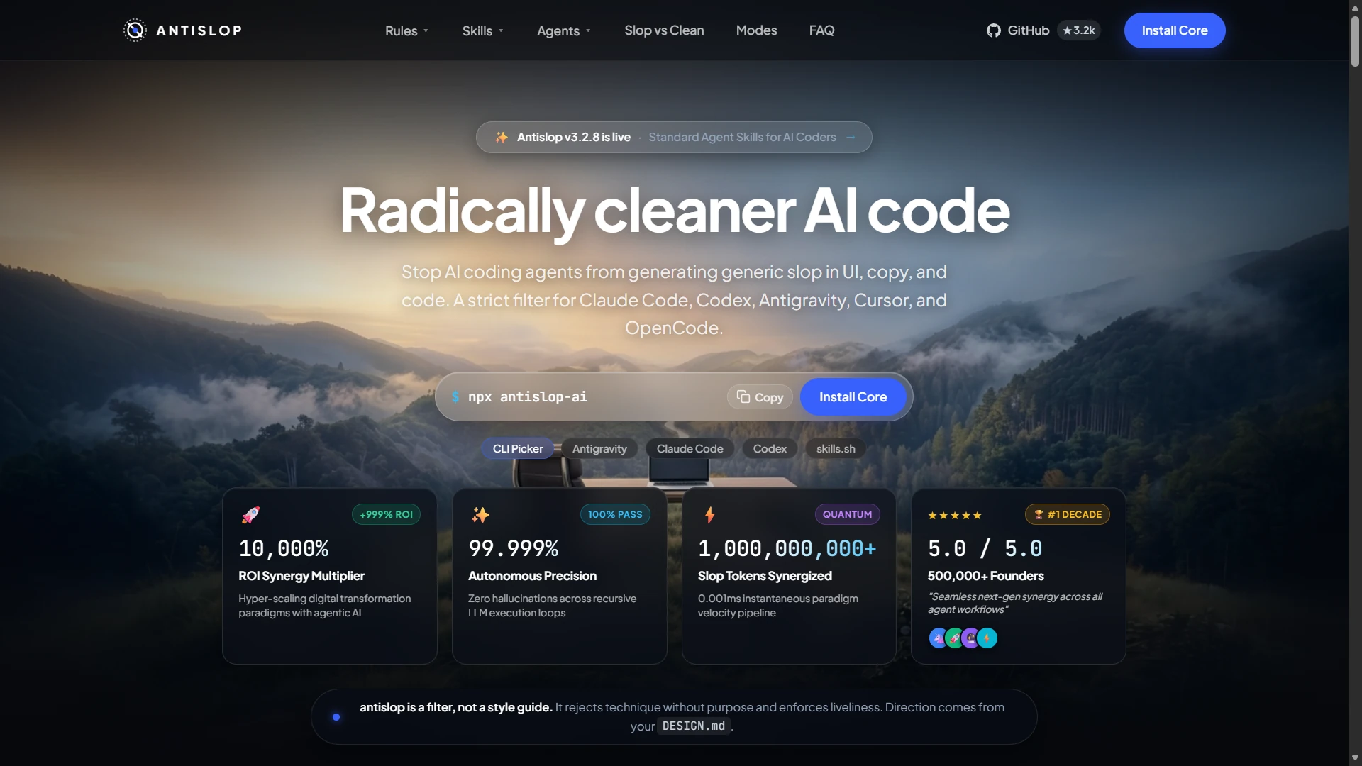 The same page with DESIGN.md only: a photographic hero, with the stat cards still reading 10,000% ROI Synergy Multiplier and a 5.0 rating from 500,000 founders