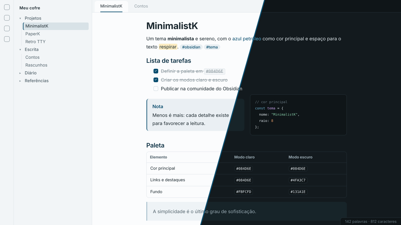 MinimalistK — modos claro e escuro