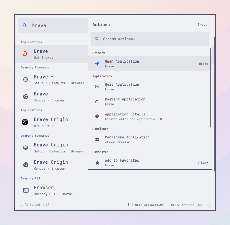 The Brave Action Panel showing open, quit, restart, details, configuration, and favorite actions
