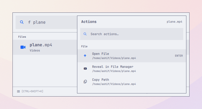 A scoped file-search result with actions to open the file, reveal it in the file manager, or copy its path