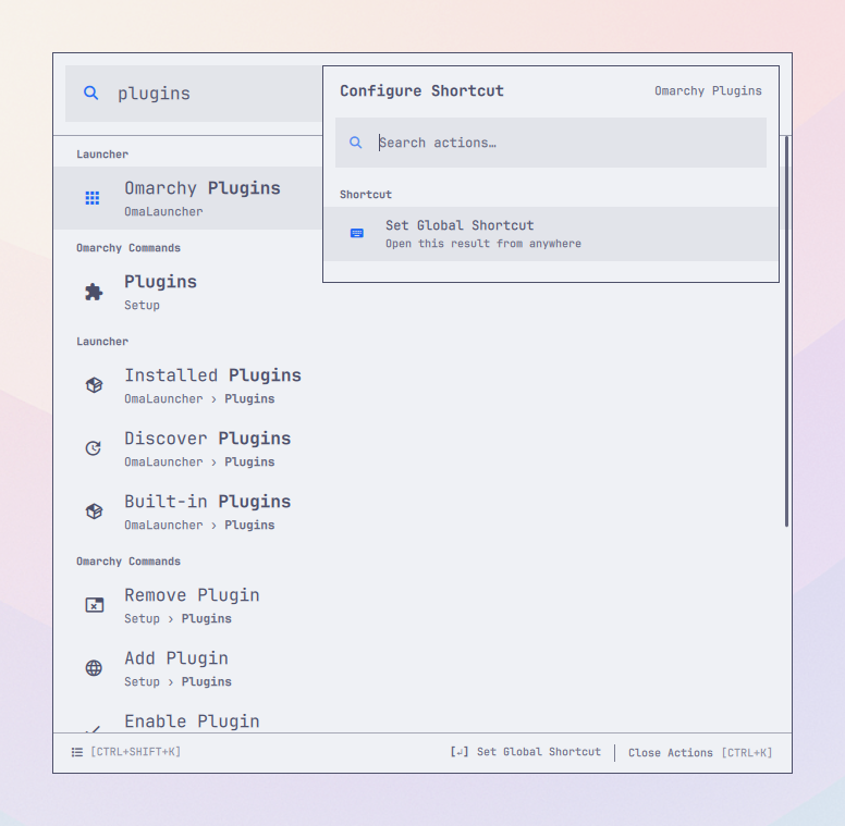 Omarchy Plugins in Root Search with its Set Global Shortcut action