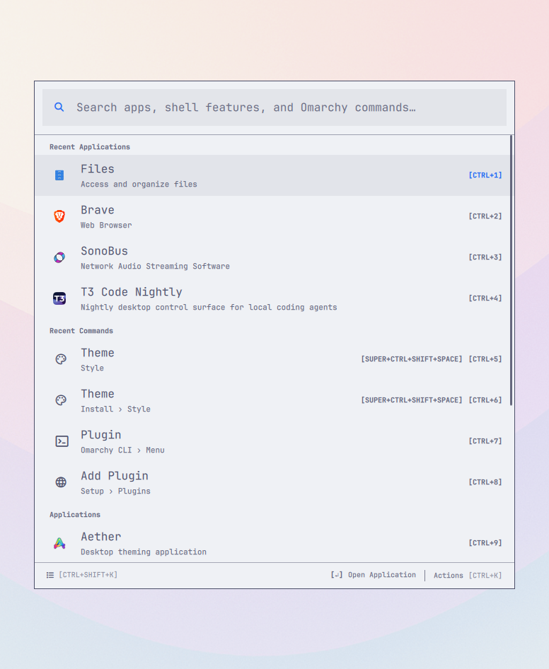 OmaLauncher's home showing recent applications, recent commands, and numbered shortcuts
