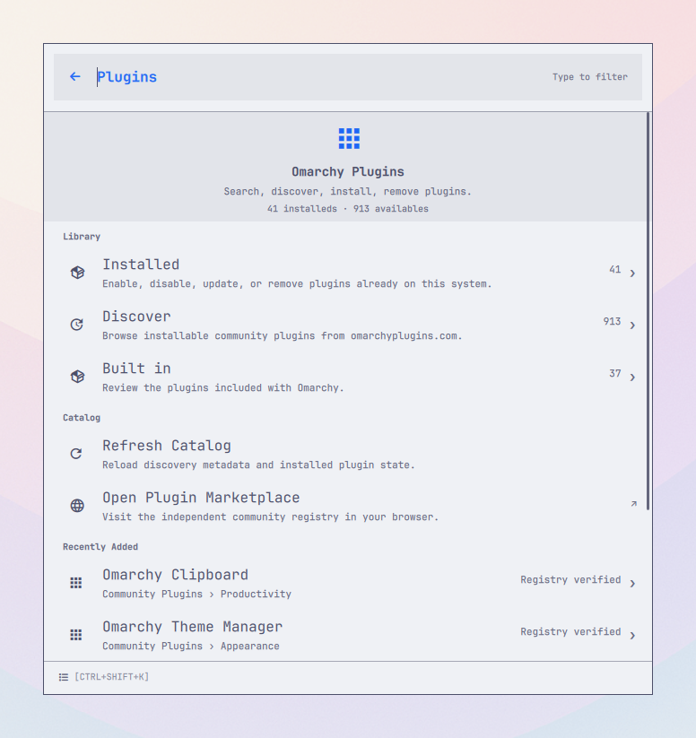 OmaLauncher's integrated plugin catalog with installed, discoverable, and built-in libraries
