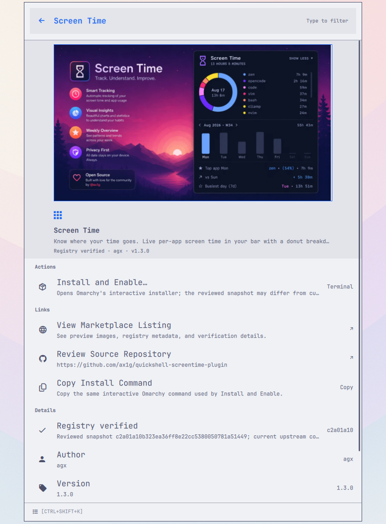 Screen Time's plugin detail with marketplace preview, install action, source, and registry metadata