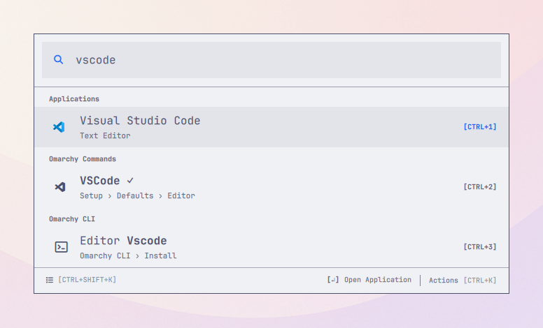 A live OmaLauncher search for vscode with Visual Studio Code ranked before the related Omarchy command and CLI route
