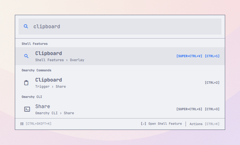 Searching for Clipboard shows the live shell overlay, the related Omarchy menu command, and the Omarchy CLI Share route