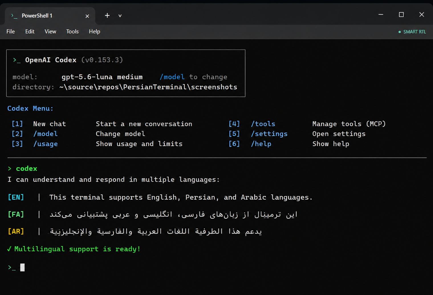 Rtl Terminal running OpenAI Codex with English, Persian and Arabic output