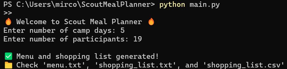 Scout Meal Planner Terminal Screenshot