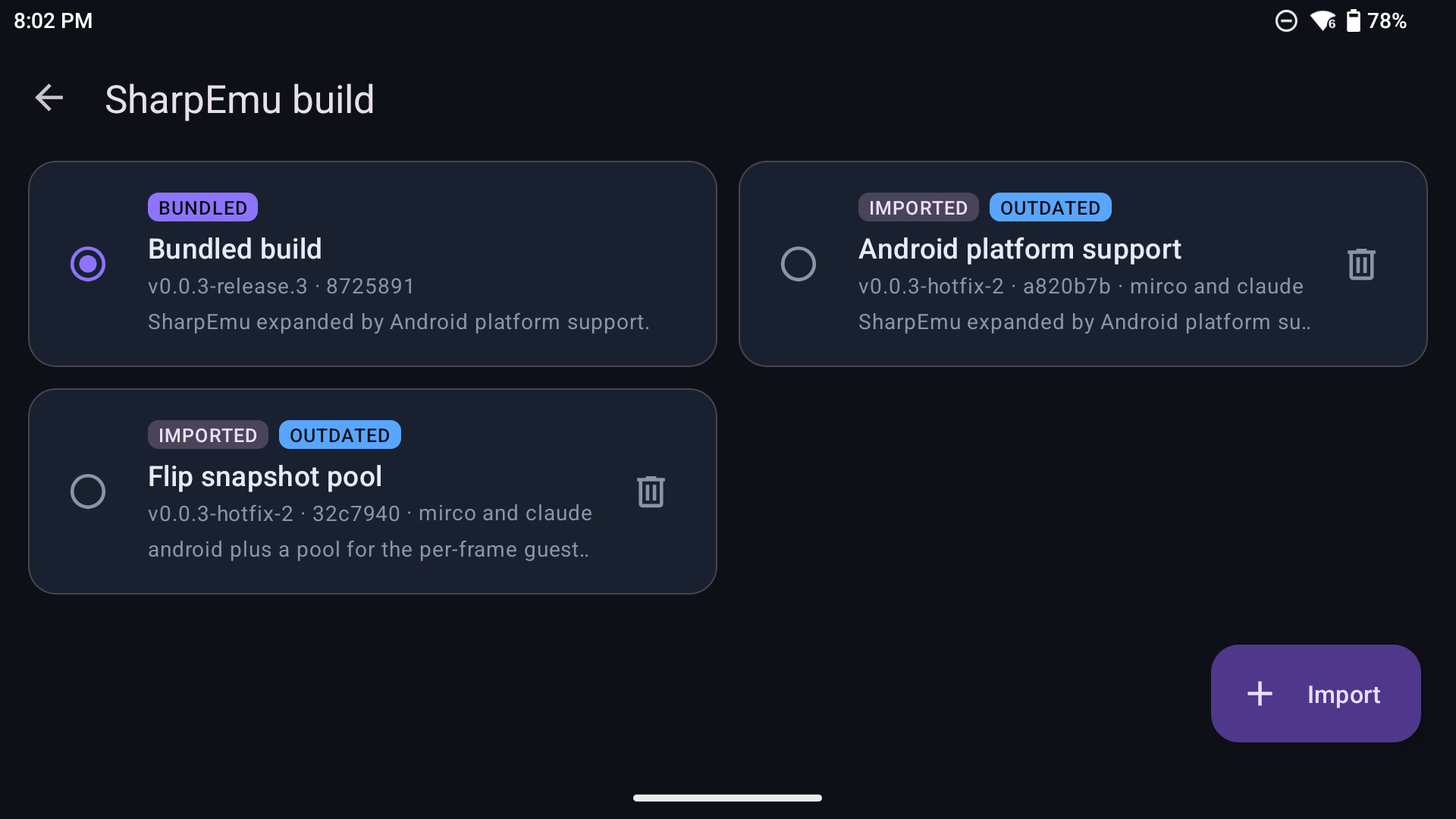 Gerenciador de builds do SharpEmu dentro do SharpDroid