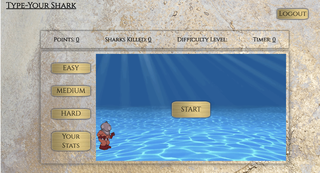 Type Your Shark — ảnh gameplay với cá mập mang theo các từ cần gõ