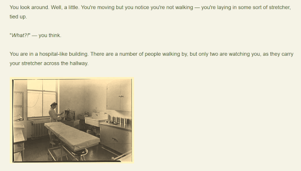 A screenshot of Asylum, my interactive fiction piece for Ludum Dare 49.